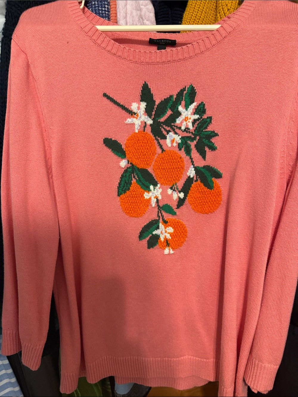 Talbots Coral Pink Crewneck Sweater with Orange Fruit Embroidery
